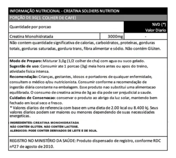 Creatina Monohidratada 500g Soldiers Nutrition Sabor Natural - Image 2